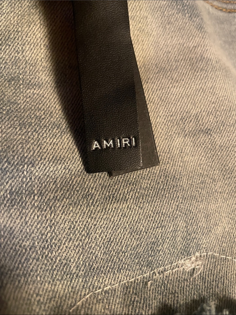 AMIRI Light Gray Distressed Jeans with Pink Logo Patch - Picture 4 of 5
